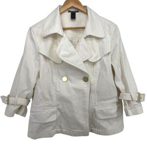 Ann Taylor Double-Breasted Trench Jacket Gold Button-‎ Off-White, Size L Denim